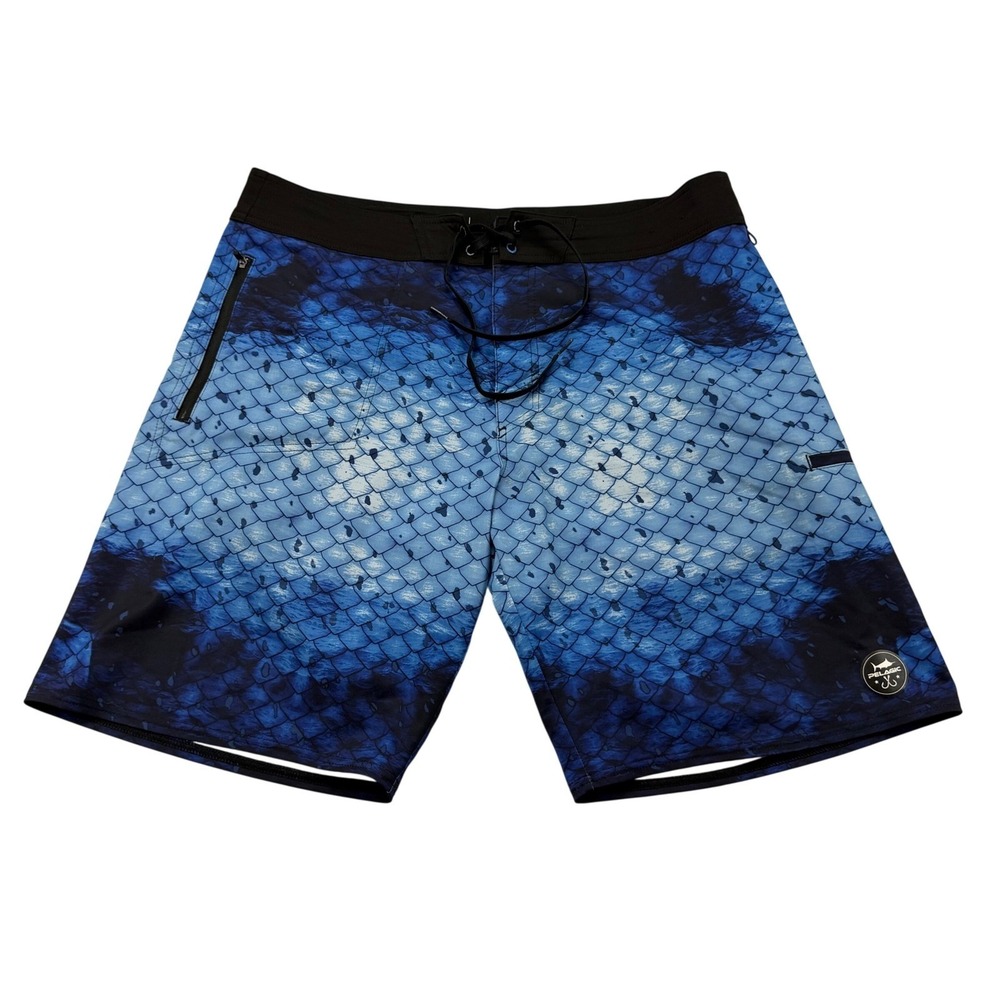 Pelagic Hydro-Lite Board Shorts Mens 38 Blue Fish Scale Print Fishing Swim Trunk